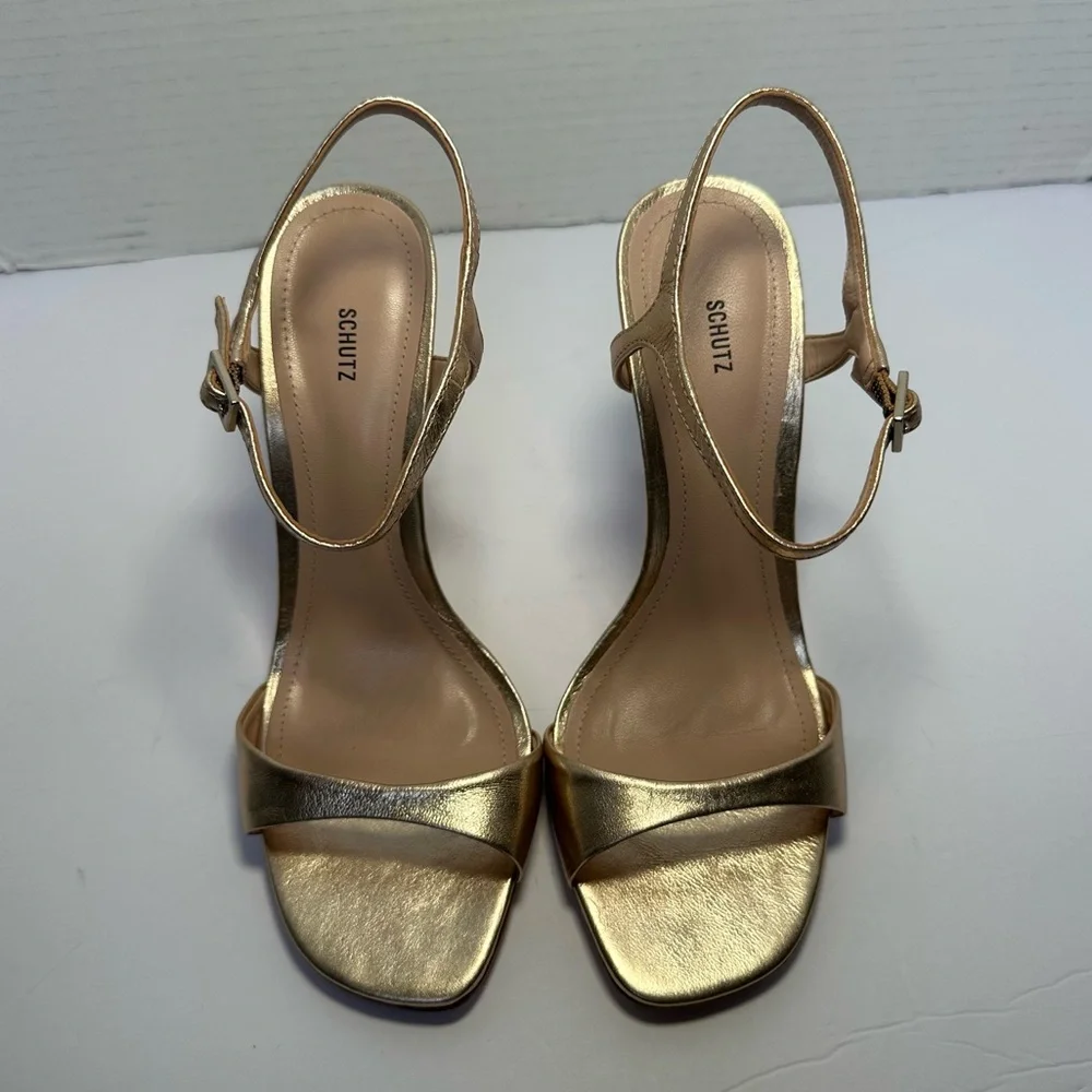 SCHUTZ Women’s Metallic Gold Jade Leather Strappy Stiletto Sandals- Size 7.5